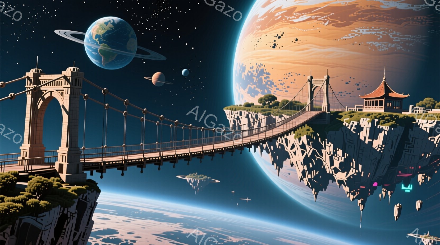 巨大な吊り橋が、断崖絶壁に浮かぶ島々を結びつけている。背景には青い惑星と土星のような環を持つ赤い惑星が広がり、空には未来的な建造物が浮かんでいる。全体的に幻想的で、SF的な雰囲気を持つ壮大な風景だ。