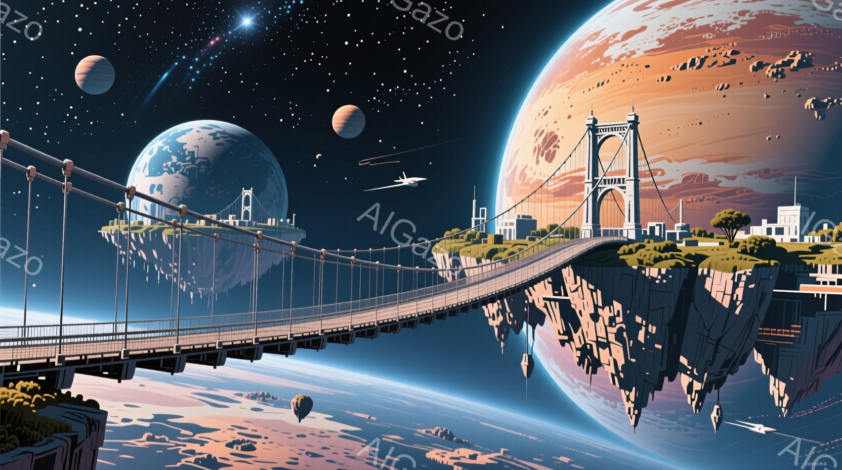 浮遊する岩塊を結ぶ巨大な吊り橋が印象的な風景です。背景には青い惑星とオレンジ色の巨大ガス惑星が浮かび、宇宙空間に点在する無数の星が幻想的な雰囲気を醸し出しています。 橋の上には未来的な建物が点在し、遠 - AI生成フリー素材