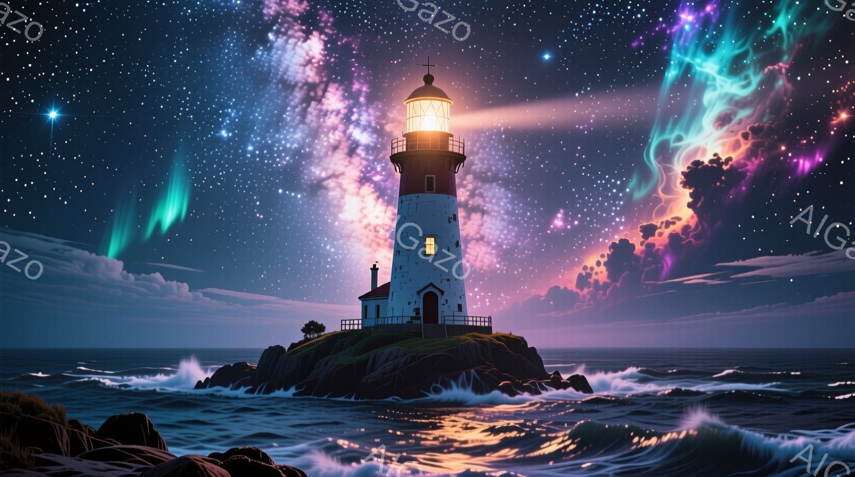 岩の上に建てられた白と赤の灯台が、夜空に輝く星々とオーロラに照らされています。荒々しい波が岩場を打ち寄せ、灯台の強い光が暗闇を切り裂いています。 全体的に神秘的で幻想的な雰囲気が漂い、自然の力強さと美 - AI生成フリー素材