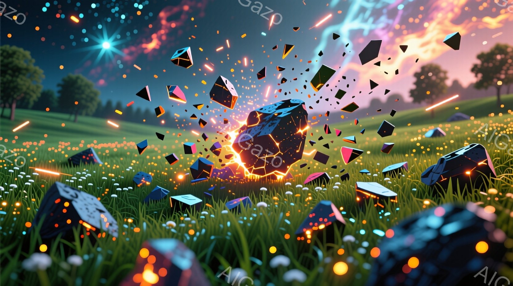 広大な緑の草原で、黒い岩が光の粒子と幾何学的な断片に砕け散っている様子が描かれています。背景には、鮮やかなオレンジとピンクの空が広がり、夜空には星が輝き、幻想的な雰囲気を醸し出しています。草地には無数 - AI生成フリー素材