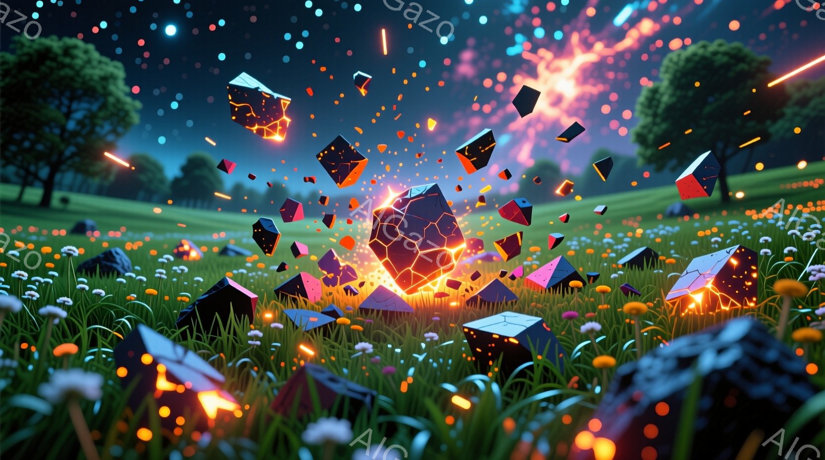 鮮やかな緑の草地に、黒い立方体が爆発し、光の粒子が飛び散っている様子が描かれています。背景には、シルエット状の木々が点在し、夜空には星屑が輝いています。全体的に幻想的で、エネルギーが解放される瞬間を捉えたダイナミックな雰囲気です。