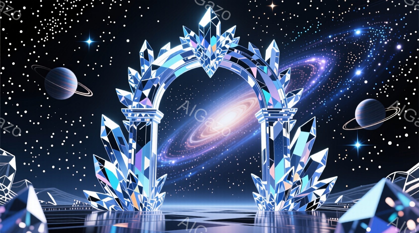 巨大なクリスタルアーチが、銀河を背景に荘厳にそびえ立っています。アーチの周囲には、様々な大きさのクリスタルが配置され、まるで別の惑星のような幻想的な空間を作り出しています。遠くには惑星が浮かび、無数の - AI生成フリー素材