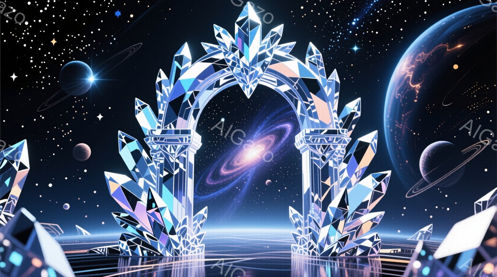 巨大なクリスタルのアーチが、幻想的な宇宙空間を背景にそびえ立っている。アーチの足元には、反射する水面が広がり、周囲には様々な大きさのクリスタルが配置され、夜空には惑星とリングが浮かんでいる。全体的に神 - AI生成フリー素材