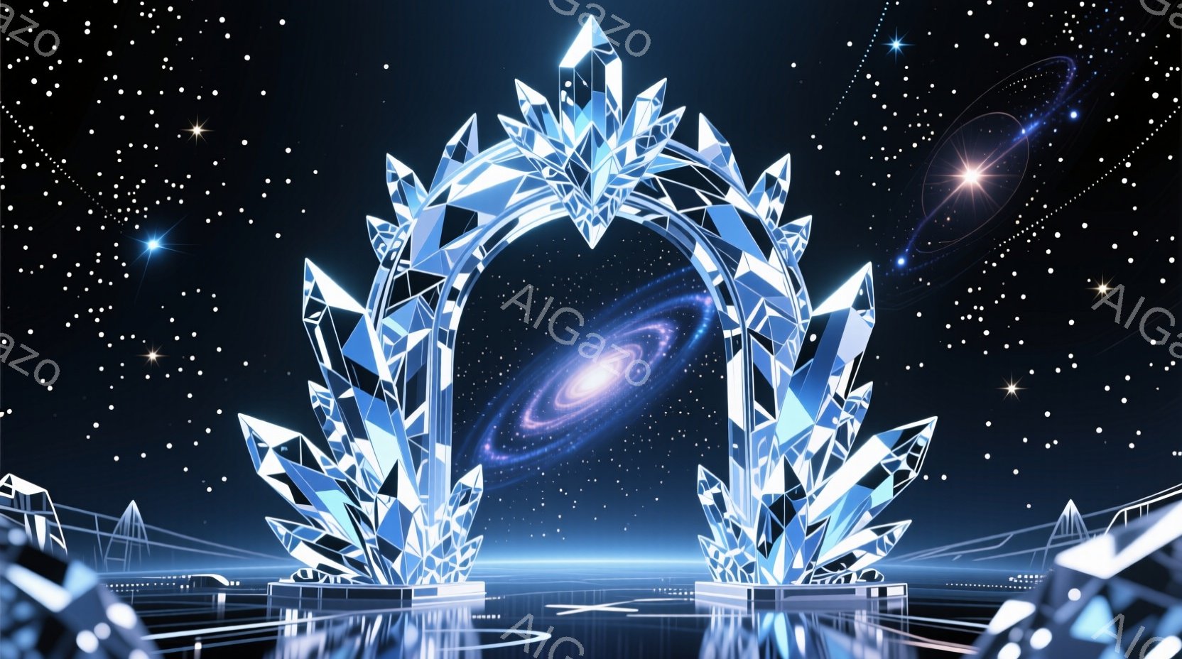 クリスタルのような尖った形状で構成された巨大なアーチが特徴的で、その中心には渦巻く銀河が輝いている。アーチの足元には光るプラットフォームが広がり、遠くにはぼんやりとした建造物が確認できる夜空には星が散 - AI生成フリー素材