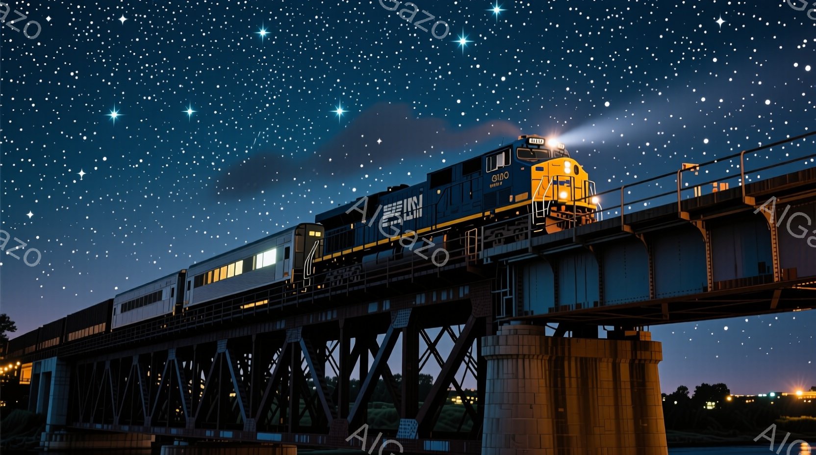 夜空の下、鉄橋を走る列車が描かれています。列車のライトが暗闇を照らし、その構造と周囲の風景を浮かび上がらせています。背景には、遠くの街の明かりと、静かな水面が見え、星空が幻想的な雰囲気を醸し出していま - AI生成フリー素材