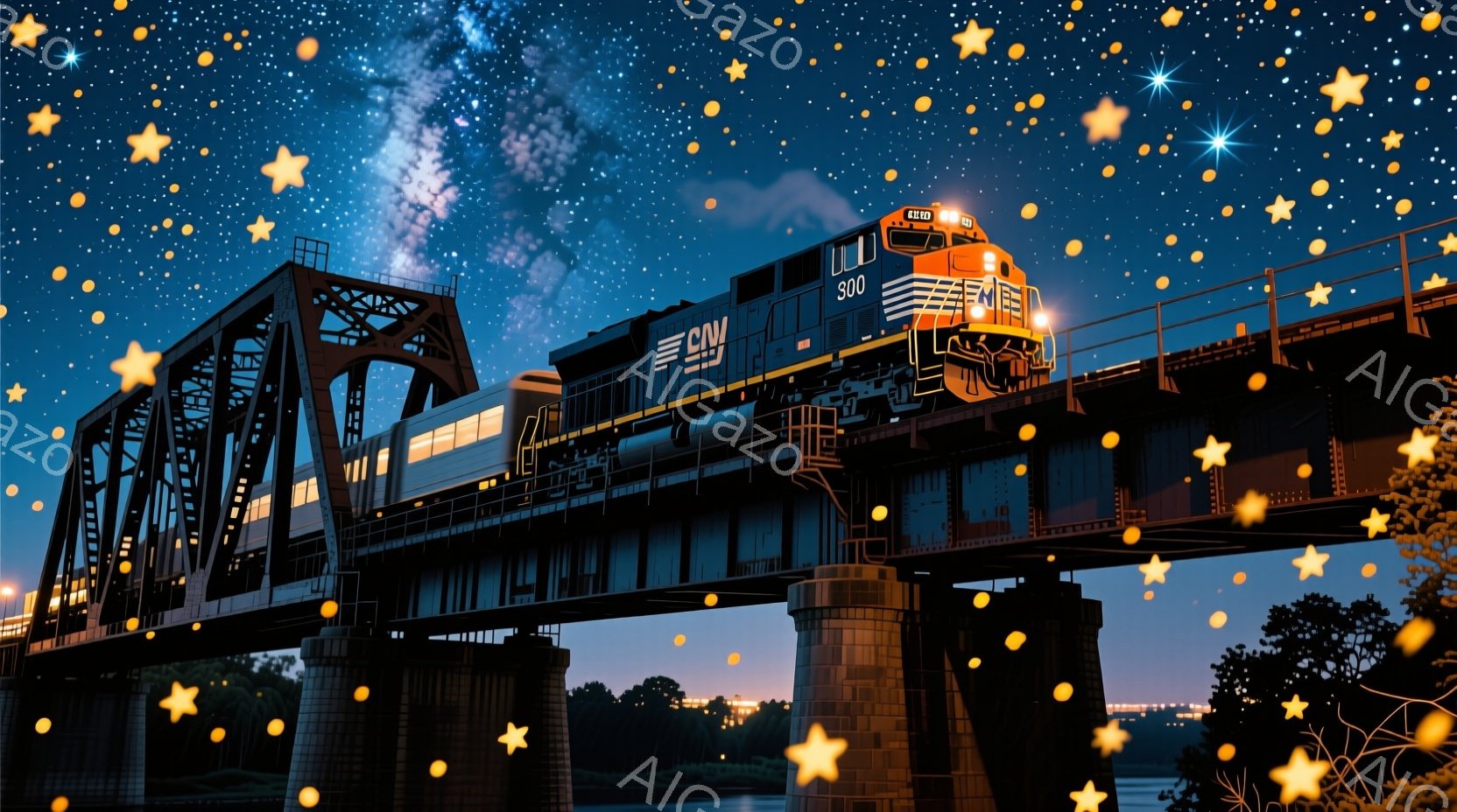 夜空の下、巨大な鉄道橋を走る貨物列車が印象的です。橋は夕焼け空と夜空のグラデーションを背景に、ライトアップされ、水面にその姿を映し出しています。列車は力強く橋を渡り、夜の風景の中に溶け込んでいます。 - AI生成フリー素材