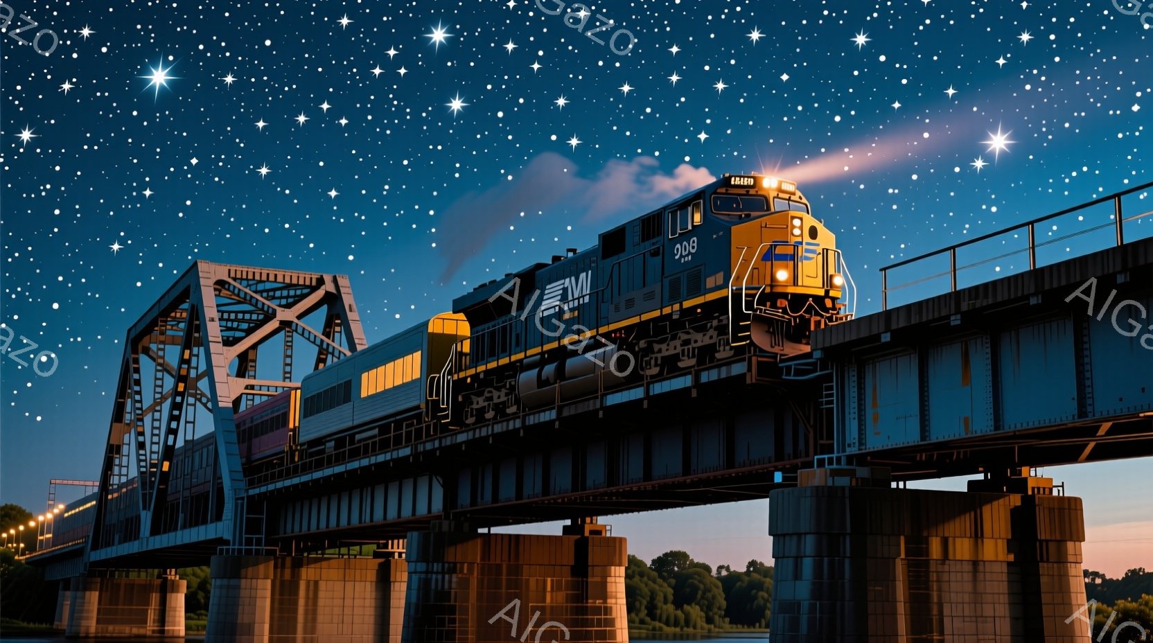 夜空を背景に、鉄道の橋を疾走する貨物列車が描かれています。列車は明るいヘッドライトを点灯し、煙を上げて進んでおり、橋の構造物は複雑な鉄骨で構成されています。夕暮れ時で、空は濃い青色からオレンジ色へと変化し、穏やかな水面が列車の影を映し出しています。