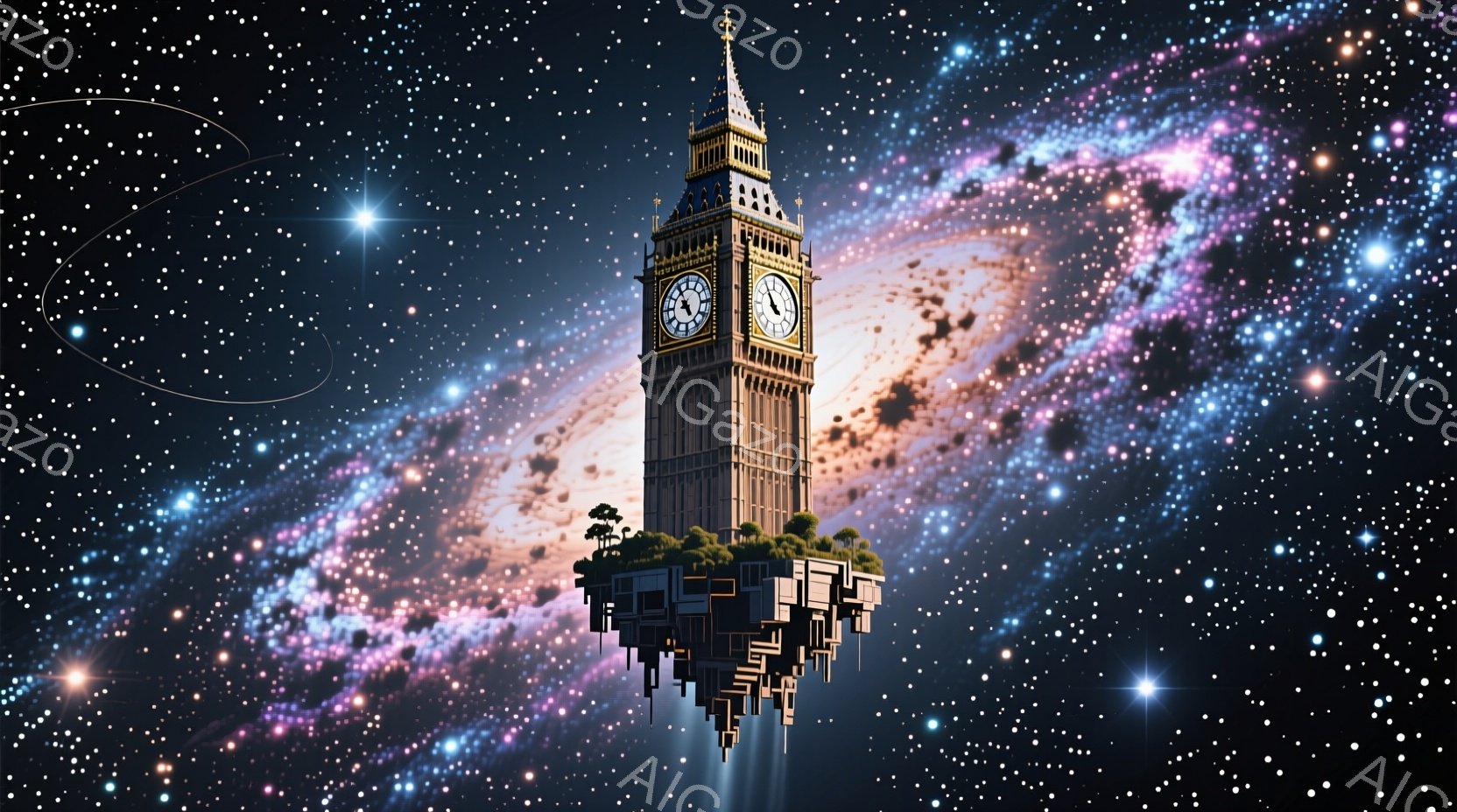 壮大な銀河を背景に、ビッグ・ベンが浮かぶ幻想的な光景が描かれています。ビッグ・ベンの基盤となる島は、都市の断片と緑豊かな植生で構成され、まるで空中に浮かぶ庭園のようです。全体的に神秘的で壮大な雰囲気を持ち、夢の中のような世界観が表現されています。