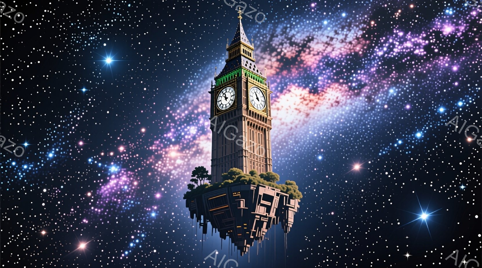 鮮やかな星空を背景に、ビッグ・ベンが緑豊かな島の上に浮かんでいます。時計台は荘厳で、その下の部分は水面のようにぼやけており、幻想的な雰囲気を醸し出しています。全体的に、宇宙と歴史的建造物が融合した、神秘的で美しい光景です。