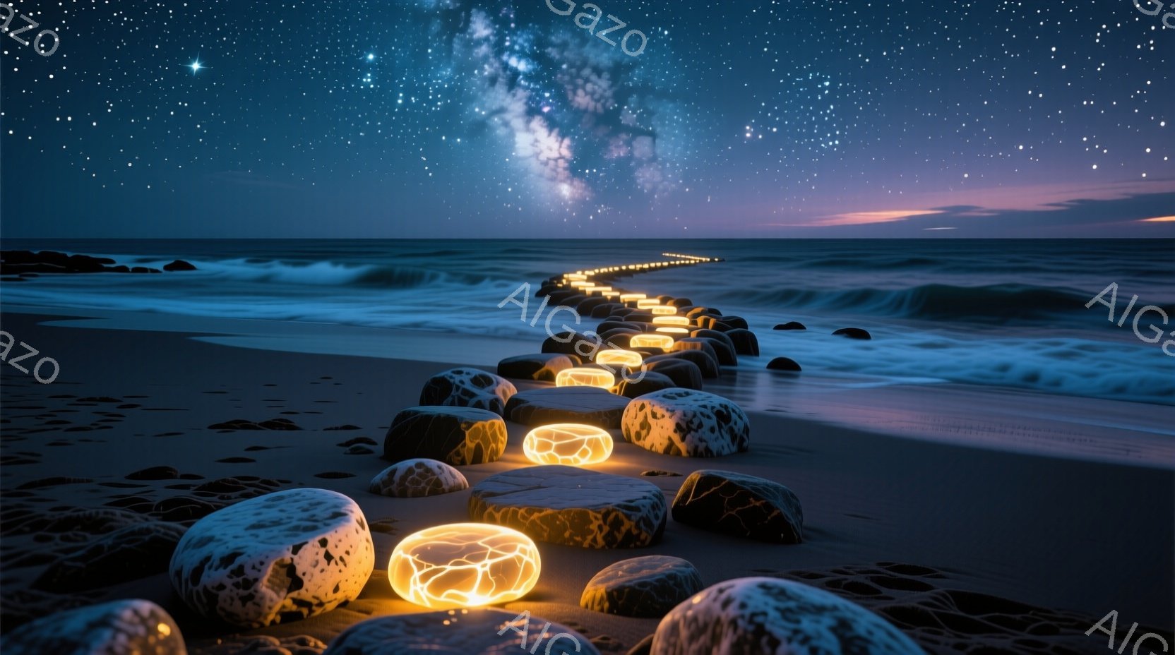 暗い砂浜に、光を放つ丸い石が並んだ道が続いています。夜空には星が輝き、遠くには穏やかな波が打ち寄せ、幻想的で神秘的な雰囲気を醸し出しています。石の道はまるで夜空へと続く光の導きのように見え、見る者を静寂の世界へと誘います。