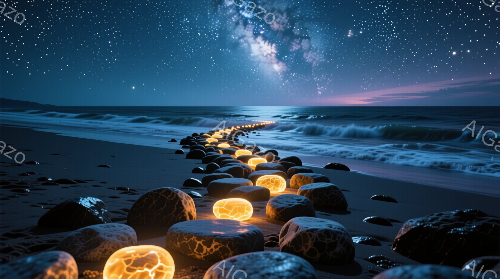 暗い砂浜に、光を放つ球体のような岩石が列をなして並んでいる。背景には、波が打ち寄せ、星空と天の川が広がり、幻想的な雰囲気を醸し出している。光の球体と暗い砂浜、そして夜空のコントラストが、神秘的で美しい - AI生成フリー素材