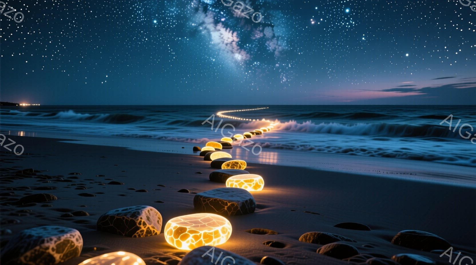 暗い砂浜に、発光する岩が並んで線状に続いており、まるで道標のようだ。背景には穏やかな波が打ち寄せ、星空が広がり、銀河がぼんやりと見える幻想的な光景が広がっている。全体的に静かで神秘的な雰囲気が漂い、夜 - AI生成フリー素材
