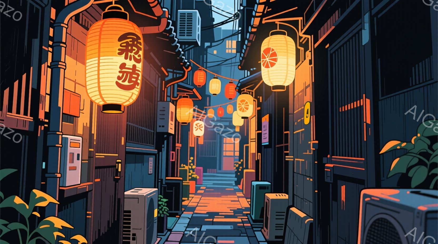 狭い路地が続く風景で、建物が密集し、エアコンや配線が壁に張り付いている。路地には提灯が灯り、地面にオレンジ色の光が差し込んでいる。建物は様々な色合いで、壁の影が強く、夜の静かな雰囲気が漂う。