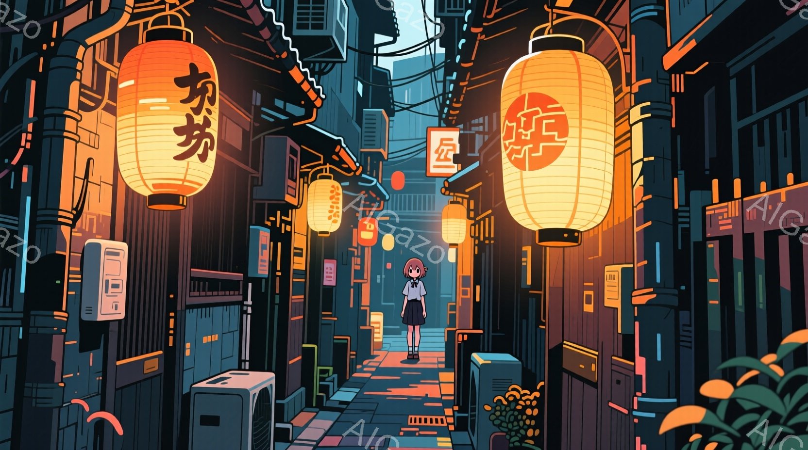 狭い路地を一人で歩く若い女性が描かれています。彼女は紺色のブレザー、白いシャツ、チェックのスカートを着ており、黒い髪をツインテールにしています。路地は高くそびえる建物に挟まれ、たくさんの提灯が暖かく光を放ち、どこか懐かしい雰囲気を作り出しています。
