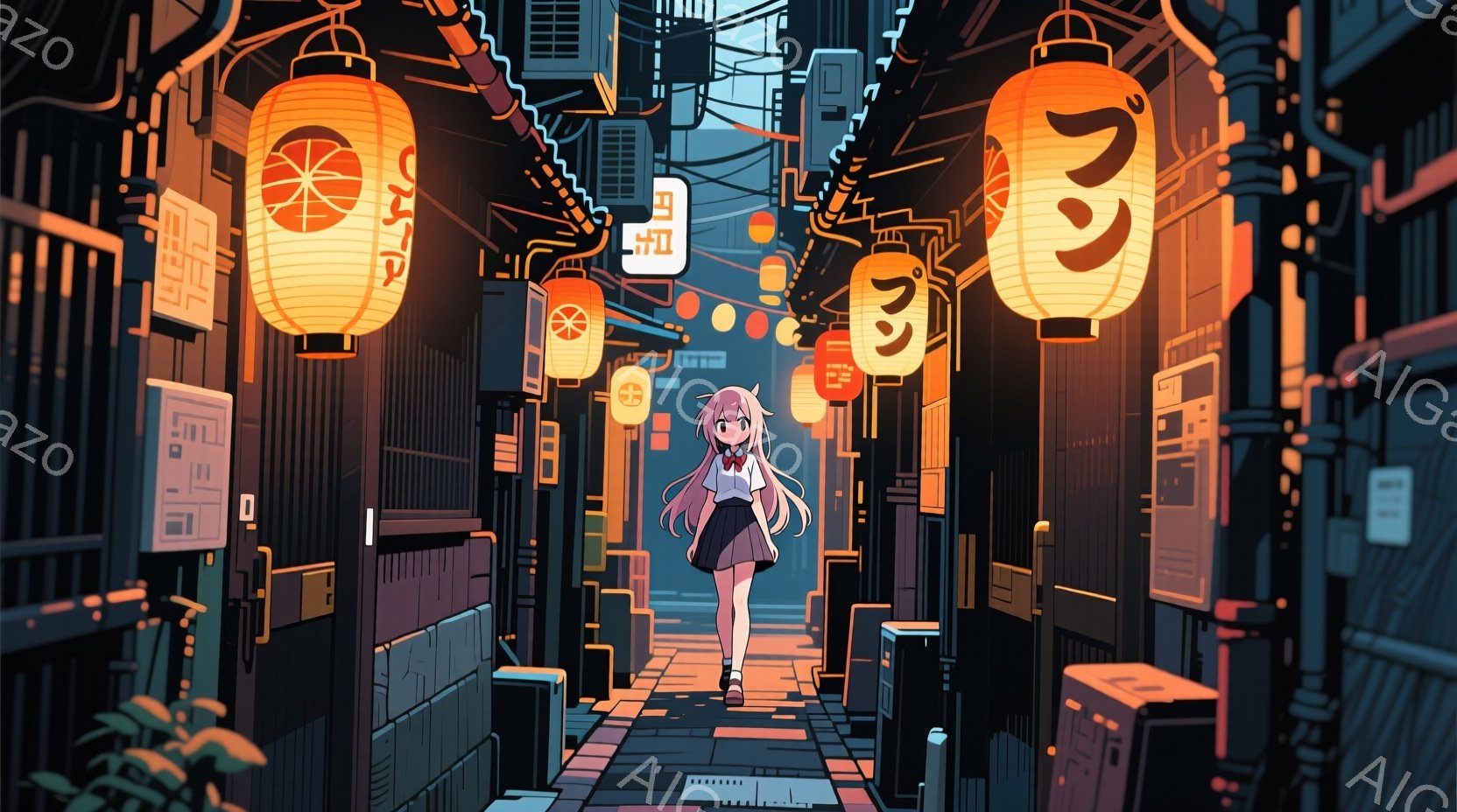 制服を着た少女が狭い路地を歩いている様子が描かれています。彼女は長い金髪で、三つ編みにし、白いブラウスにネクタイ、紺色のスカート、膝までの靴下を履いています。路地は密集した建物、カラフルな提灯、そして - AI生成フリー素材