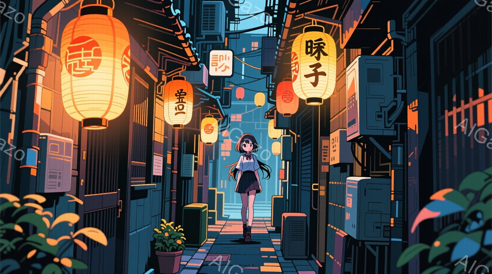 制服を着た若い女性が、夜の狭い路地を一人で歩いている様子を描いています。彼女は長い黒髪で、顔は穏やかな表情をしています。路地はネオンライトと提灯で照らされ、植物が配置され、全体的に落ち着いた、少しノス - AI生成フリー素材