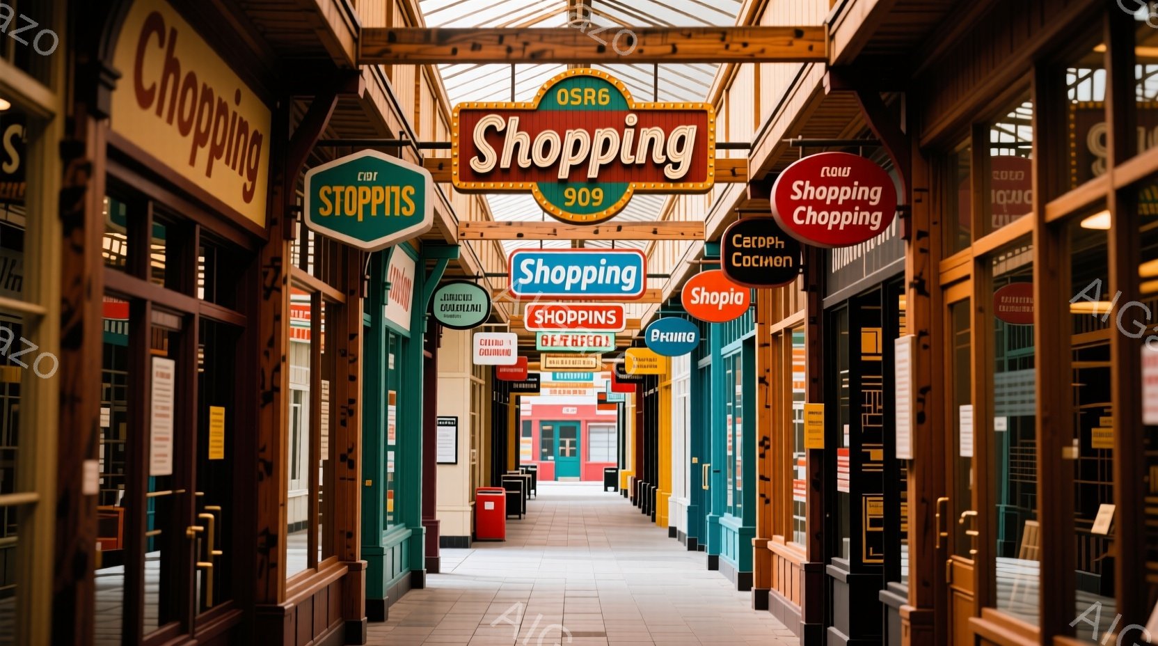 長いアーケード街が遠近法で描かれており、両側には様々な看板がぶら下がっています。看板はカラフルで、文字やデザインも異なり、歴史的な雰囲気を醸し出しています。明るい日差しが差し込み、レンガ造りの建物とアーチ型の天井が、レトロで趣のある空間を作り出しています。