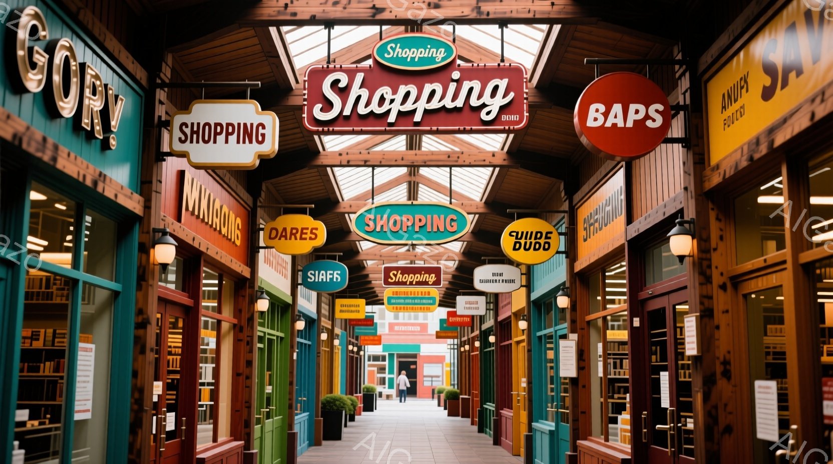 長いアーケードが、左右にカラフルな店舗が並び、遠くまで続いている。アーケードの上部には、さまざまな文字とデザインの看板が吊り下げられており、レトロで活気のある雰囲気を作り出している。奥には一人の人物が歩いており、通路に奥行きを与えている。