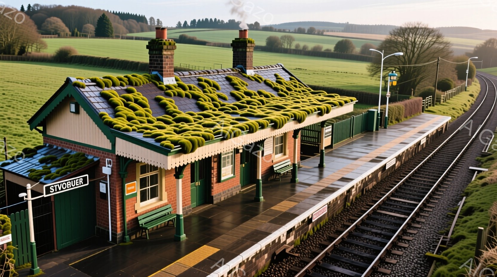 緑豊かな屋根が特徴的な小さな駅舎が、鉄道線路の脇に建っています。駅舎は赤茶色のレンガ造りで、緑色の装飾が施されており、背景にはなだらかな丘陵と、霧がかった木々が見えます。 全体的に、静かで穏やかな田園風景が広がっており、どこか懐かしい雰囲気を醸し出しています。