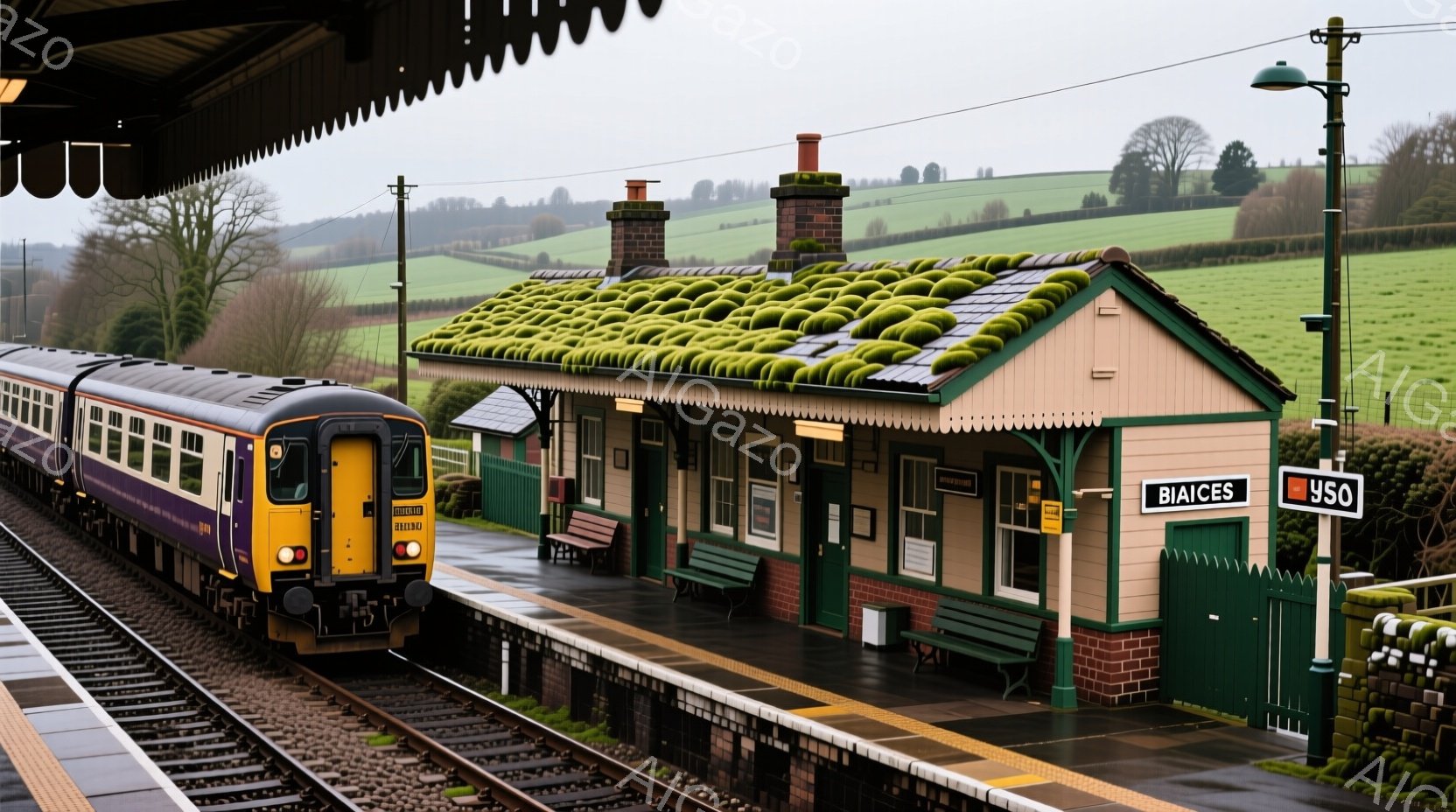 鉄道の駅のプラットフォームに紫と黄色の電車が停車しており、駅舎は赤レンガ造りで、屋根は緑色の植物で覆われています。背景には緑色の丘と、曇天の下でわずかに見える建物が広がり、全体的に静かで穏やかな雰囲気が漂っています。駅名標には「BIAICES」と記されており、手入れの行き届いた駅舎が印象的です。