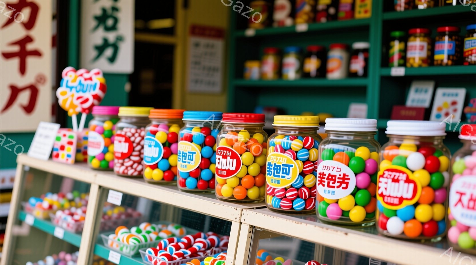 カラフルなキャンディが入ったガラス瓶が棚に並べられています。瓶には「和飴」と書かれたラベルが貼られており、伝統的な和菓子であることを示しています。背景には他のキャンディや商品が並び、お菓子屋さんの賑やかな雰囲気が伝わってきます。