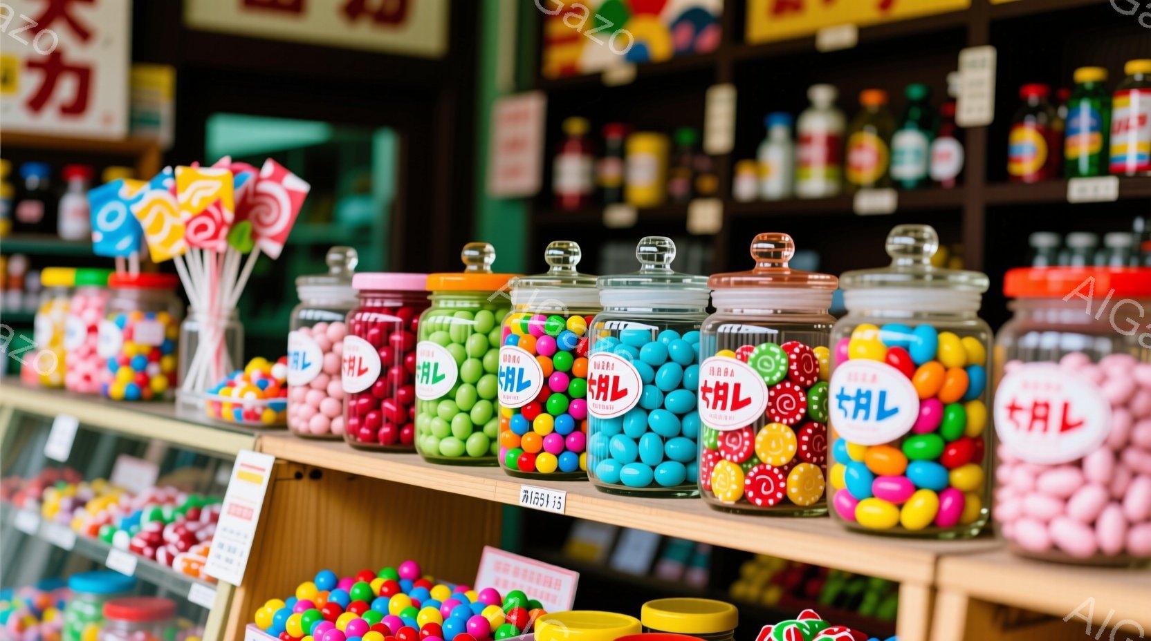 色とりどりのキャンディーが入ったガラス瓶が棚に並んでいます。瓶には「キャンデー」と書かれたラベルが貼られており、カラフルなキャンディーが店内に活気を与えています。背景には、様々な種類のキャンディーが並んだ棚が見え、お菓子屋さんの賑やかな雰囲気が伝わってきます。