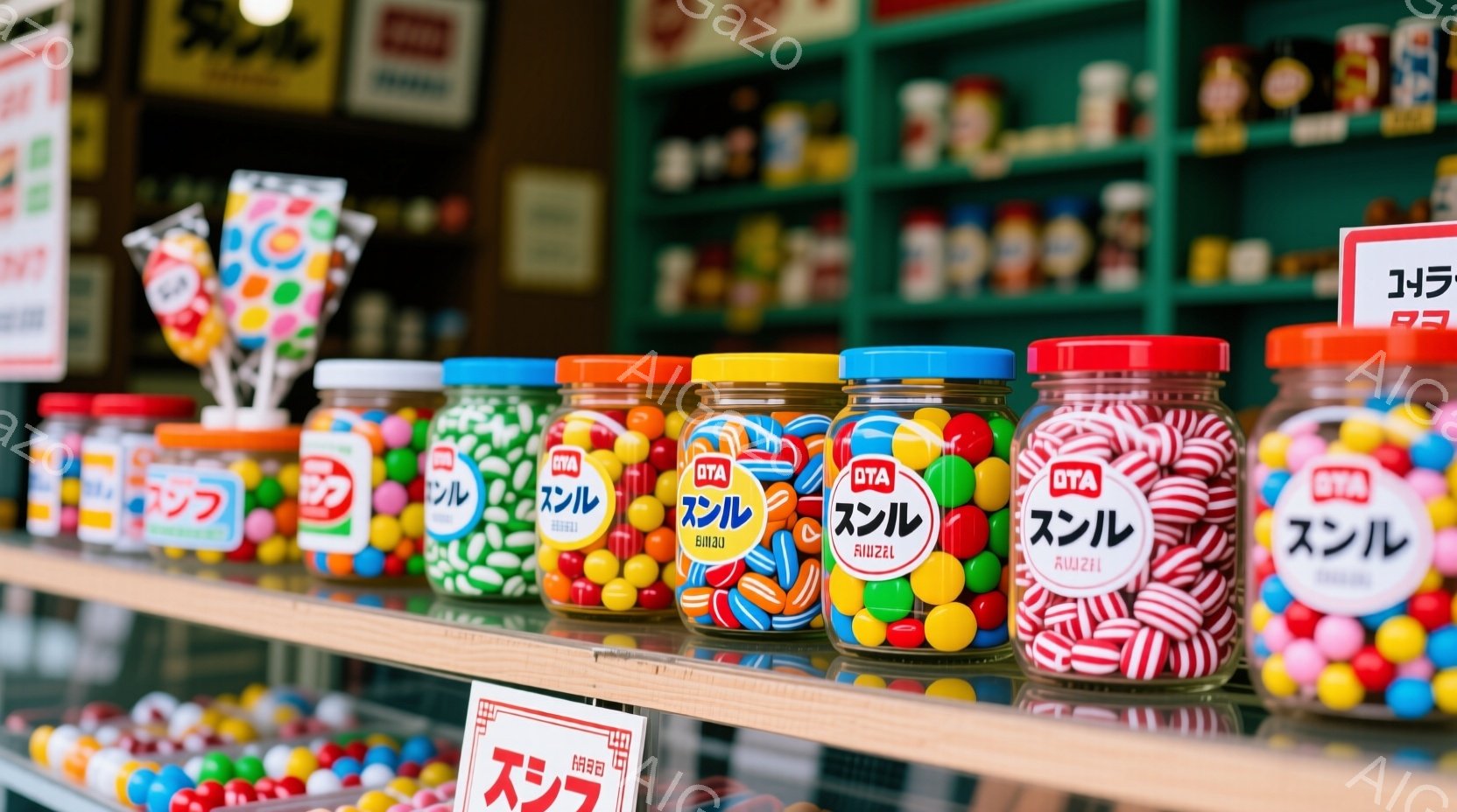 カラフルなキャンディが詰まったガラス瓶が棚に並べられています。各瓶には「カンディ」と書かれたラベルが貼られており、赤、緑、黄、白など様々な色と模様のキャンディが混ざり合っています。背景には他のキャンデ - AI生成フリー素材