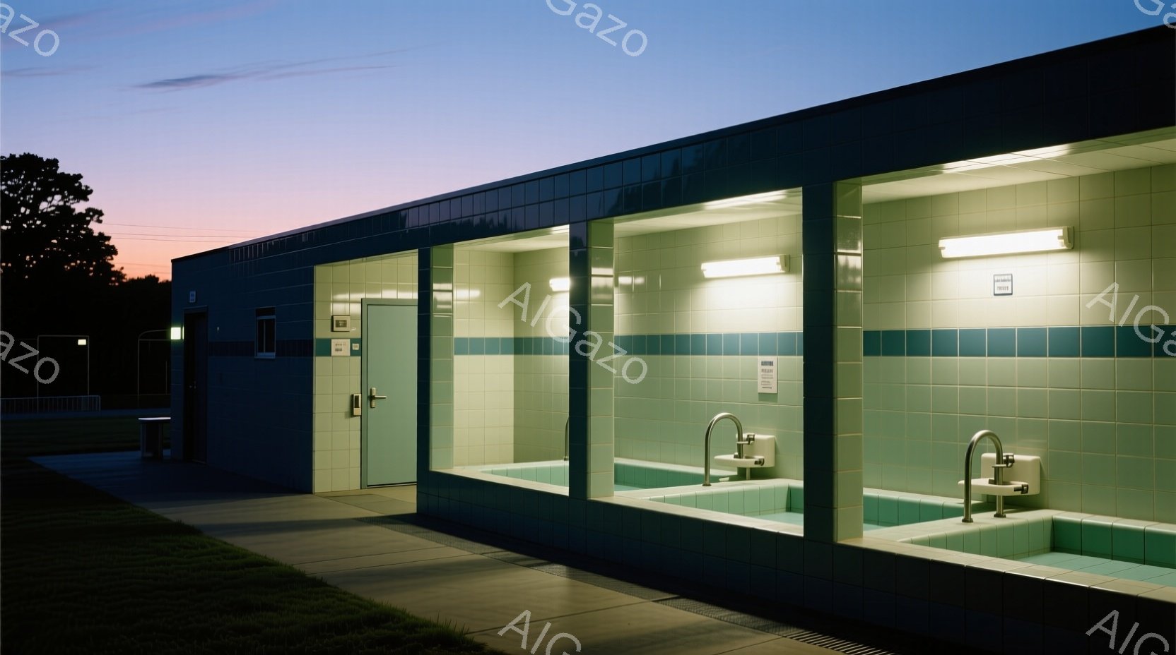 建物は水色のタイル張りの壁と、浴室のような個室が並んだ構造をしている。夕暮れ時の空はオレンジ色から紫色へとグラデーションを描き、薄暗い建物とコントラストをなしている。地面には影が長く伸び、静かで落ち着いた雰囲気を醸し出している。