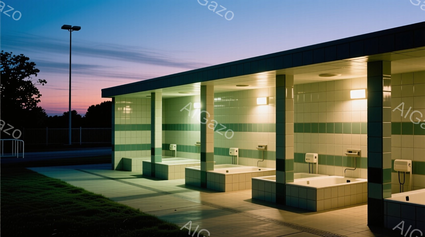 屋外に設置された、タイル張りの洗足場が並んでいる。薄暗い夕暮れ時の空の下、各洗足場には水が溜まっており、使い込まれた様子が伺える。周囲には緑が生い茂り、簡素ながらも落ち着いた雰囲気を醸し出している。