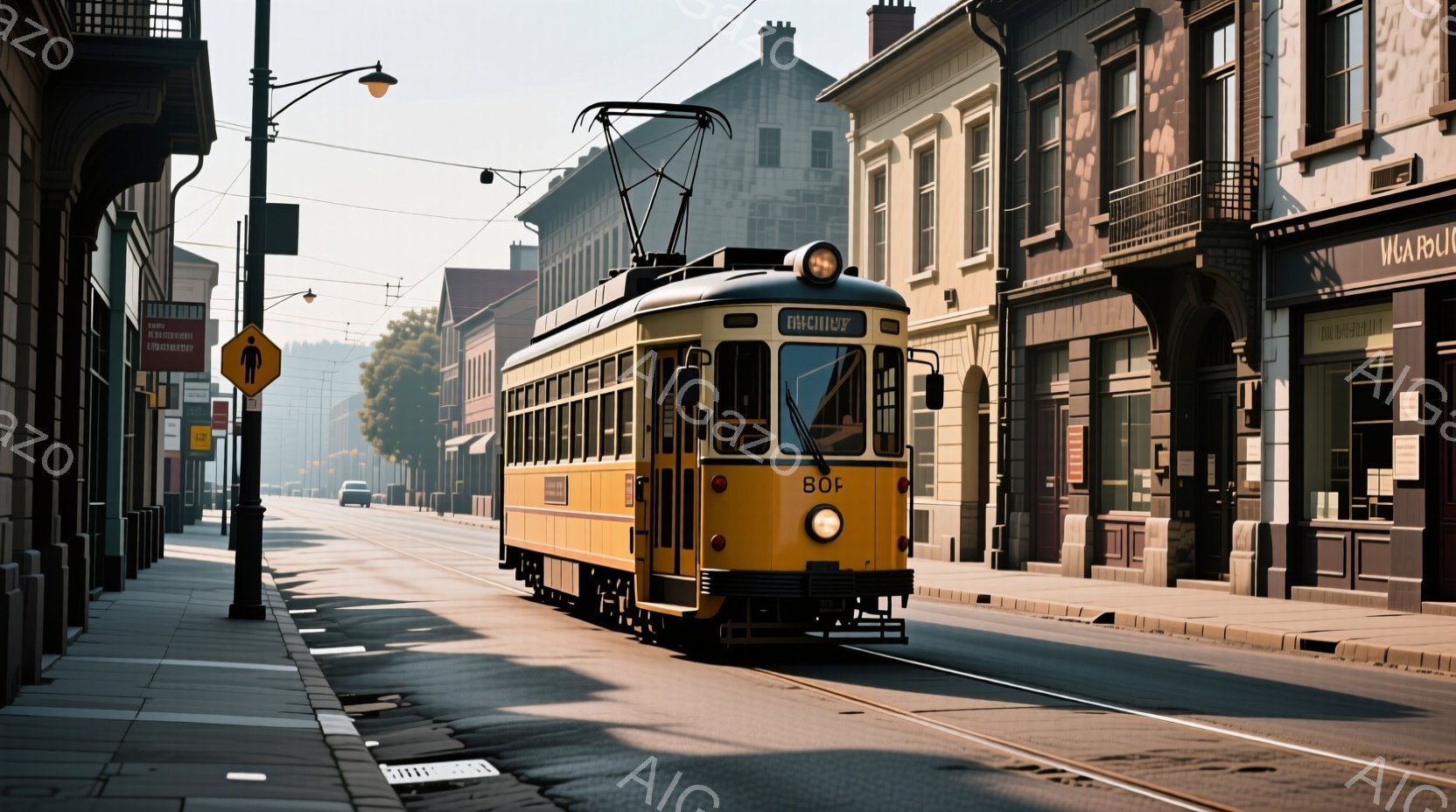 黄色の路面電車が、石畳の道をゆっくりと進んでいる。周囲にはレンガ造りの建物が並び、薄暗い光の中でどこか懐かしい雰囲気を醸し出している。遠くには緑豊かな丘が見え、晴天の下、穏やかな時間が流れているように - AI生成フリー素材