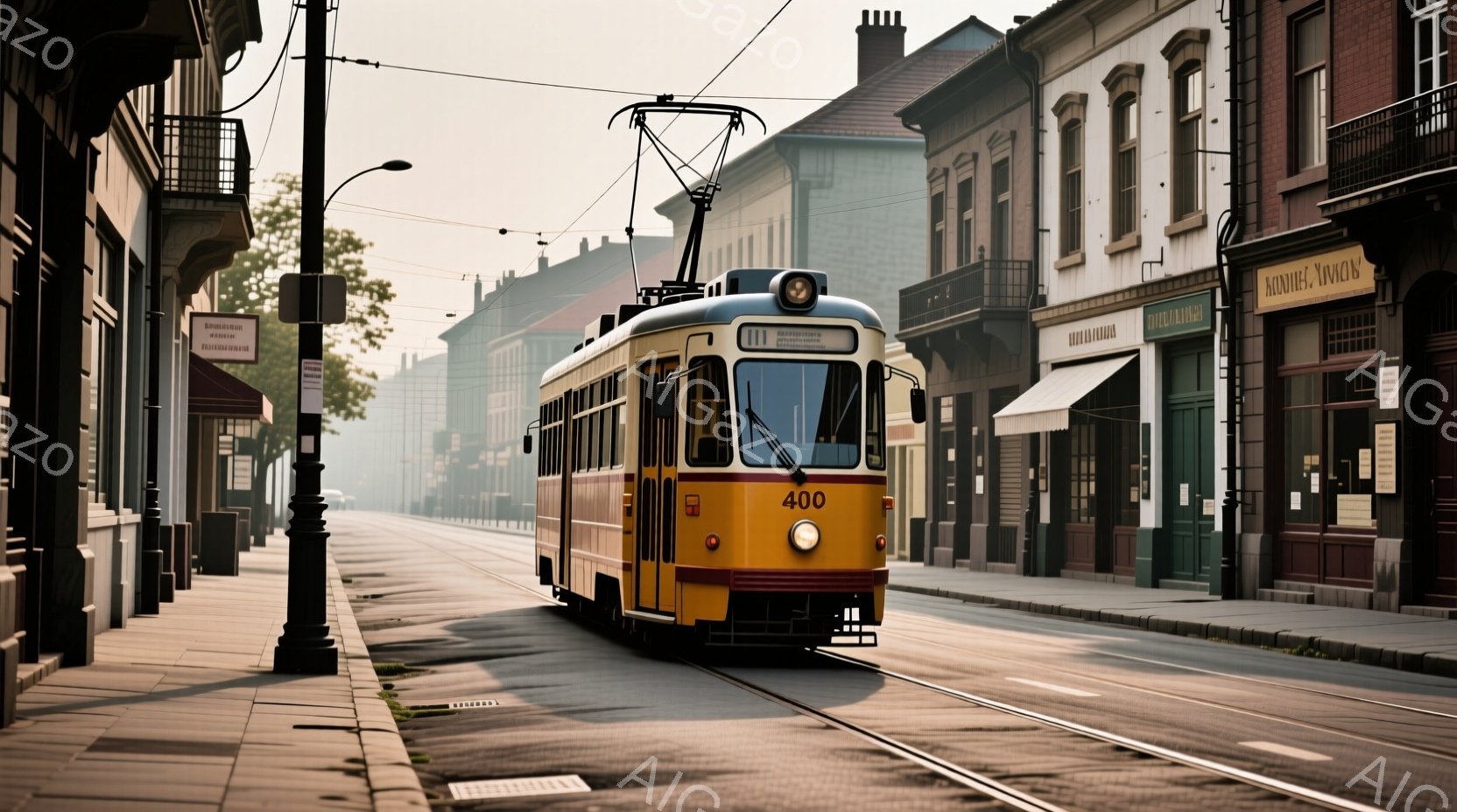 古い路面電車が、石畳の通りをゆっくりと走っている様子が描かれている。建物はレンガ造りで、歴史的な雰囲気を醸し出し、霧がかかった日の光が全体を柔らかく包み込んでいる。この光景は、どこか懐かしい、静かで穏やかな時間を彷彿とさせる。