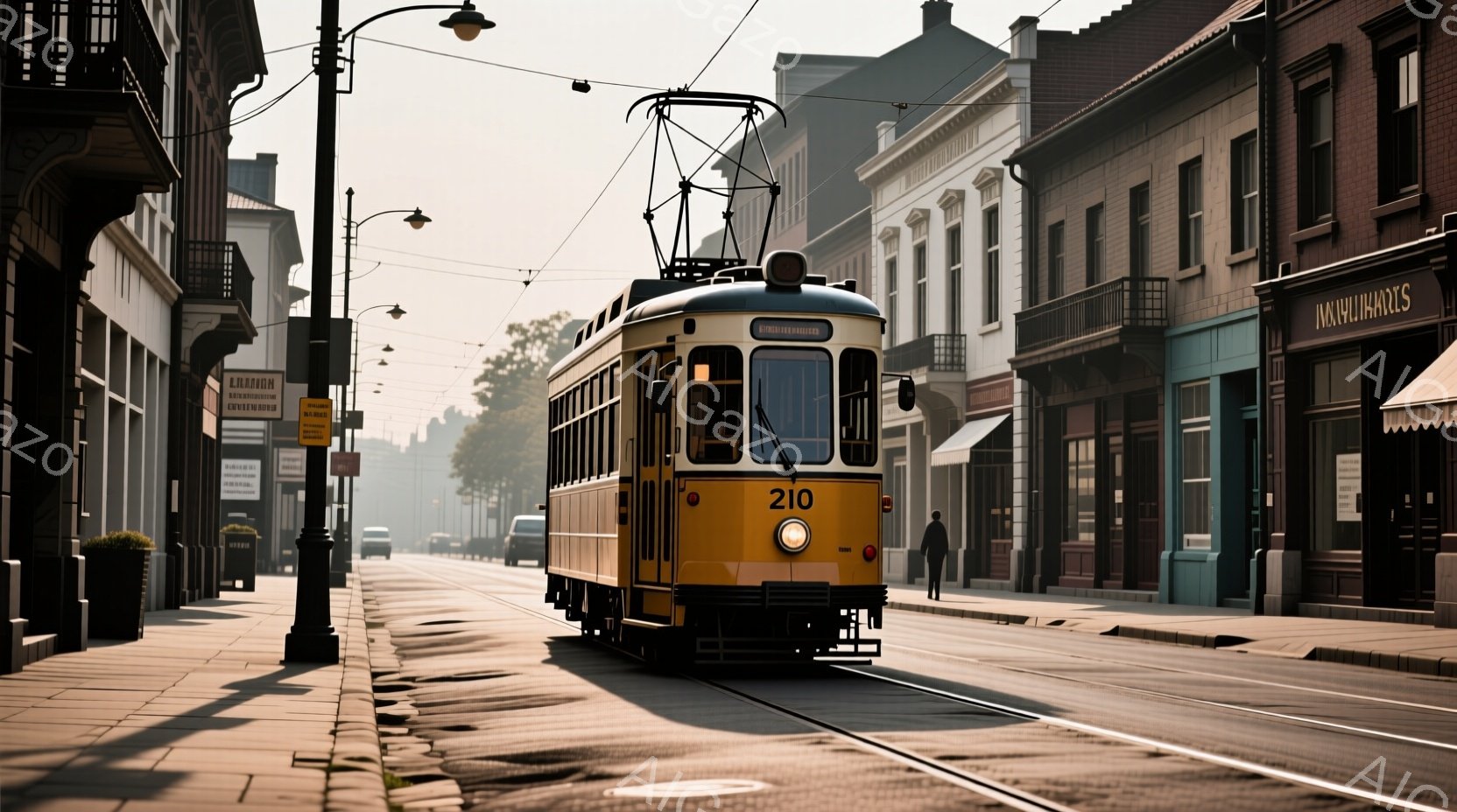 黄色の路面電車が石畳の通りを走っている。建物は歴史的な様式で、窓辺には植物が飾られている。早朝または夕暮れ時の薄暗い光が、ノスタルジックな雰囲気を醸し出している。