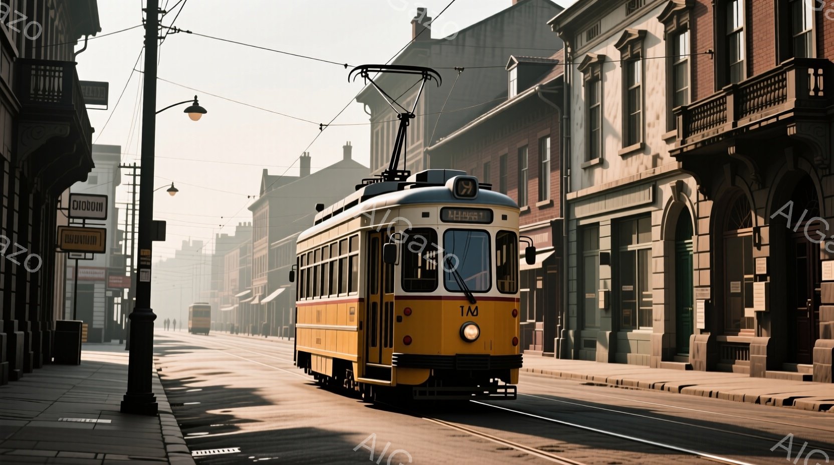 古い街並みを走る黄色とクリーム色の路面電車が写っている。石造りの建物が両側に並び、影が長く伸びており、朝か夕方の穏やかな光が差し込んでいる。街並みは歴史を感じさせ、どこか懐かしい雰囲気で、静寂の中に路面電車の存在が際立っている。