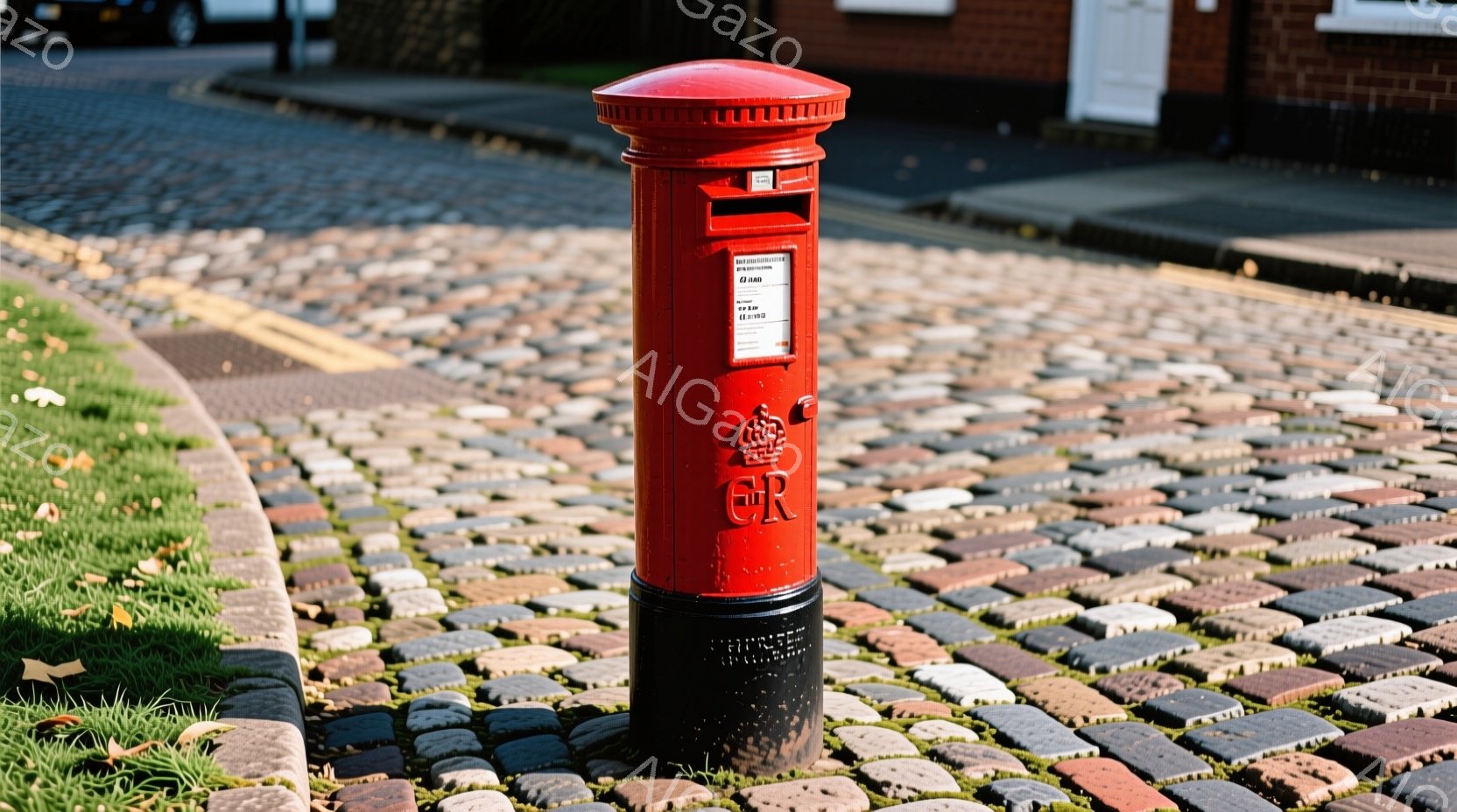 赤いポストがレンガ造りの道の上に立っている。ポストには「GR」の王冠のマークが描かれており、黒い台座の上に設置されている。背景には建物や緑の草地が見え、秋の晴れた日の穏やかな雰囲気が漂っている。 - AI生成フリー素材
