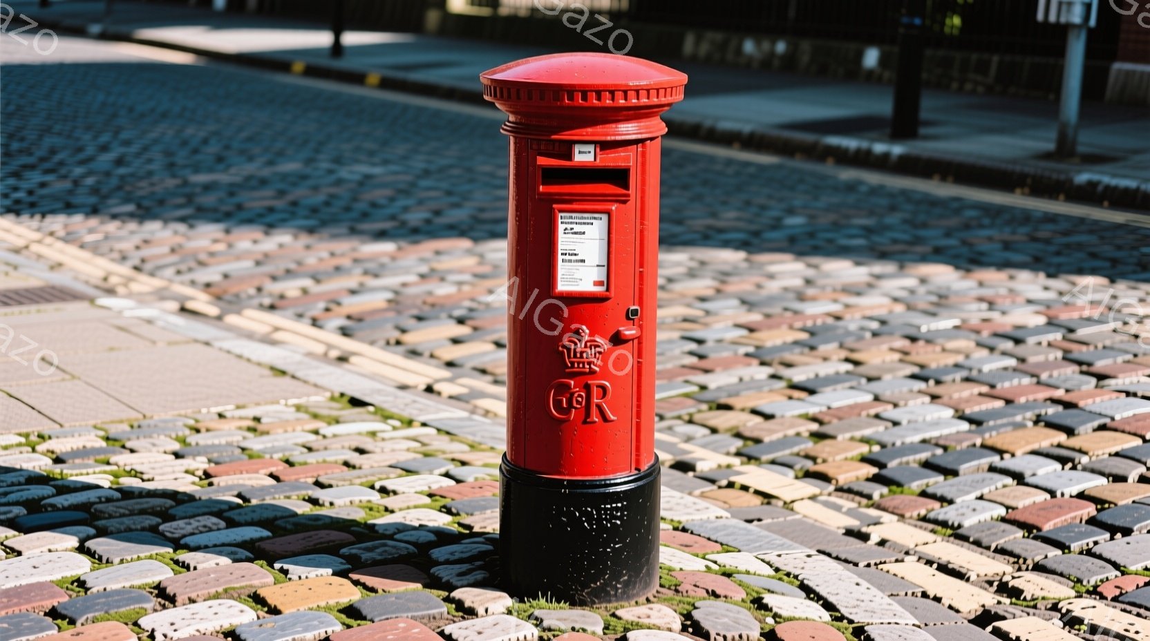 赤い郵便ポストが、様々な色の舗装された道の上に立っている。ポストの上部には王冠のマークと「GR」の文字が刻まれており、黒色のベースが特徴的だ。背景はぼやけており、建物や自然の要素は特定できないが、明る - AI生成フリー素材