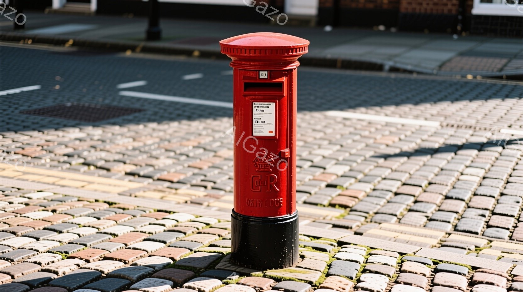 街路上のレッドポストボックスと舗道を示します。ボックスは地面に直立し、白書類が貼られています。舗道は平らかった縁で囲まれ、通りは見えません。周囲の建物は描写されておらず、天気も不明です。