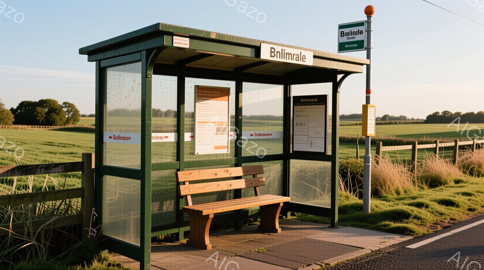 緑色のバス停が、草地と農地の広がる風景の中に佇んでいます。バス停内には時刻表が貼られており、木製のベンチが設置されています。穏やかな天候で、遠くには木々が見え、全体的に静かで平和な雰囲気が漂っています。