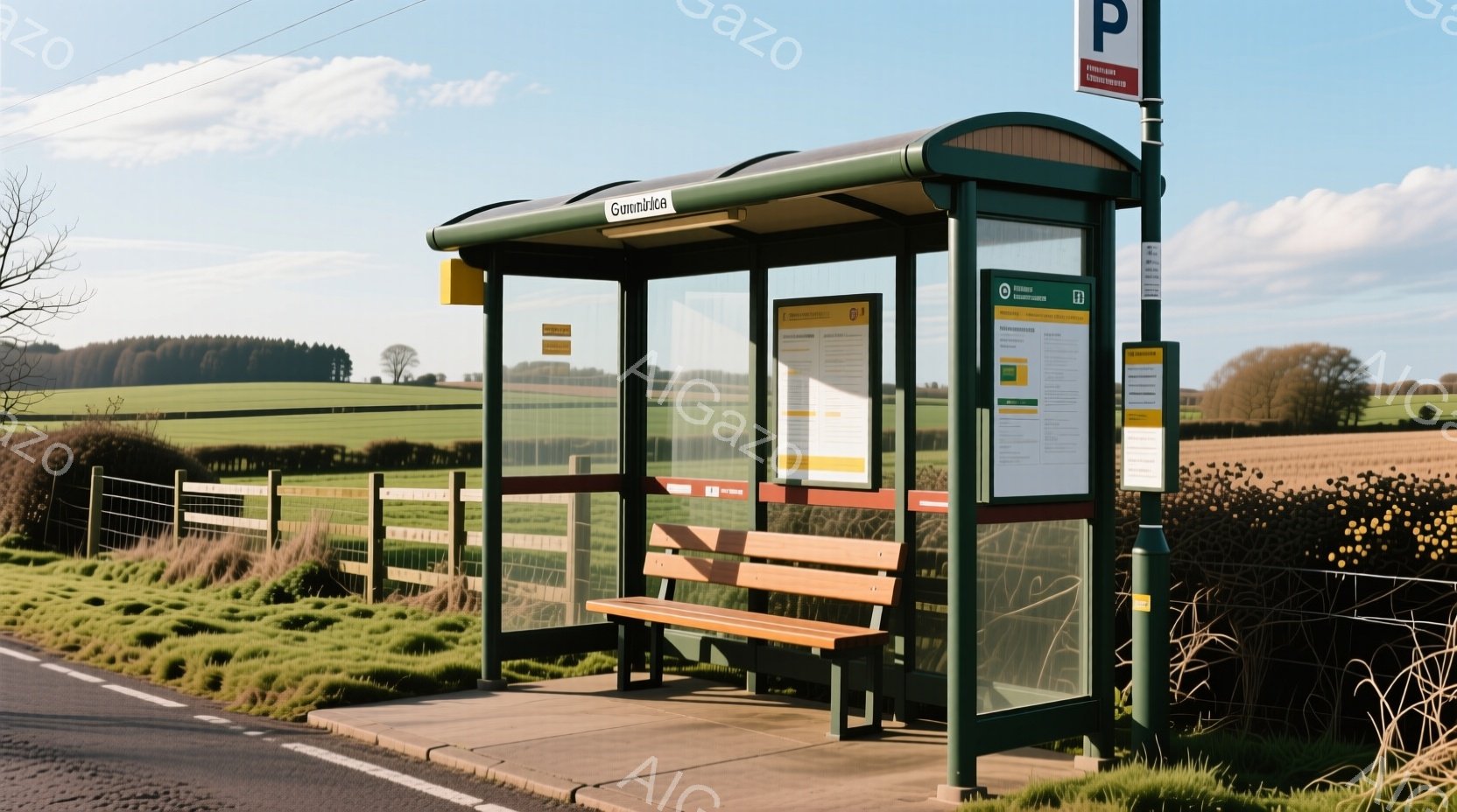 緑と茶色のコントラストが美しいバス停が、緑豊かな田園風景の中に佇んでいます。バス停の内部には時刻表などが掲示されており、木製のベンチが設置されています。背景には起伏のある丘と、まだ葉を落としきっていな - AI生成フリー素材