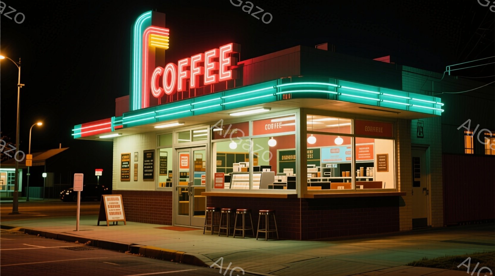 夜間に撮影された、レトロな雰囲気のコーヒーショップが写っている。ネオンサインが輝き、クリーム色と赤色の外観がノスタルジックな雰囲気を醸し出している。背景には住宅街が広がり、静かで落ち着いた夜の光景が印象的だ。