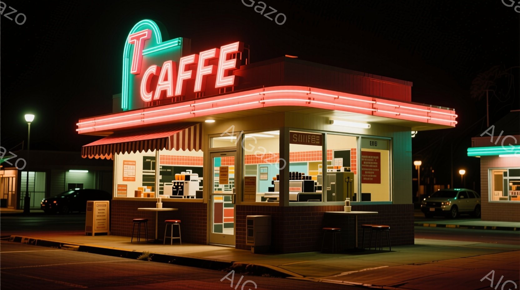 夜の暗い駐車場に、レトロなデザインのカフェがライトアップされています。ネオンサインが輝き、カフェの温かい光が周囲を照らし出しています。カフェの前には数脚の赤いスツールが置かれ、どこか懐かしい雰囲気を醸し出しています。