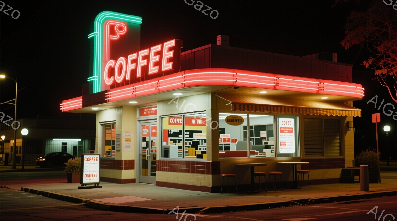 夜の街並みに佇む、レトロなコーヒーショップが印象的だ。ネオンサインで光る「COFFEE」という文字と、クリーム色の壁が懐かしい雰囲気を醸し出している。道路脇には、シンプルなテーブルと椅子が置かれ、静かな夜に温かいコーヒーを味わえる空間を想像させる。