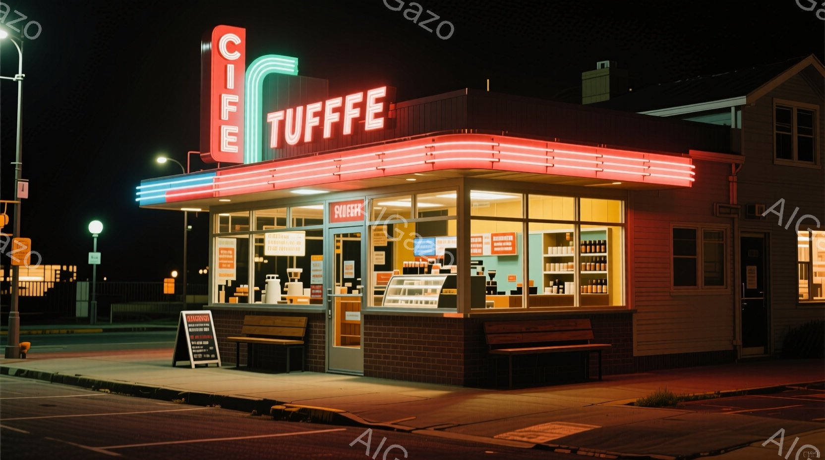 夜間に撮影された、レトロな雰囲気の小さなカフェテリアが写っている。ネオンサインが「TUFFFE」と光っており、その明るさが周囲を照らしている。カフェテリアの周りは暗く、静かな夜の雰囲気が漂っている。 - AI生成フリー素材