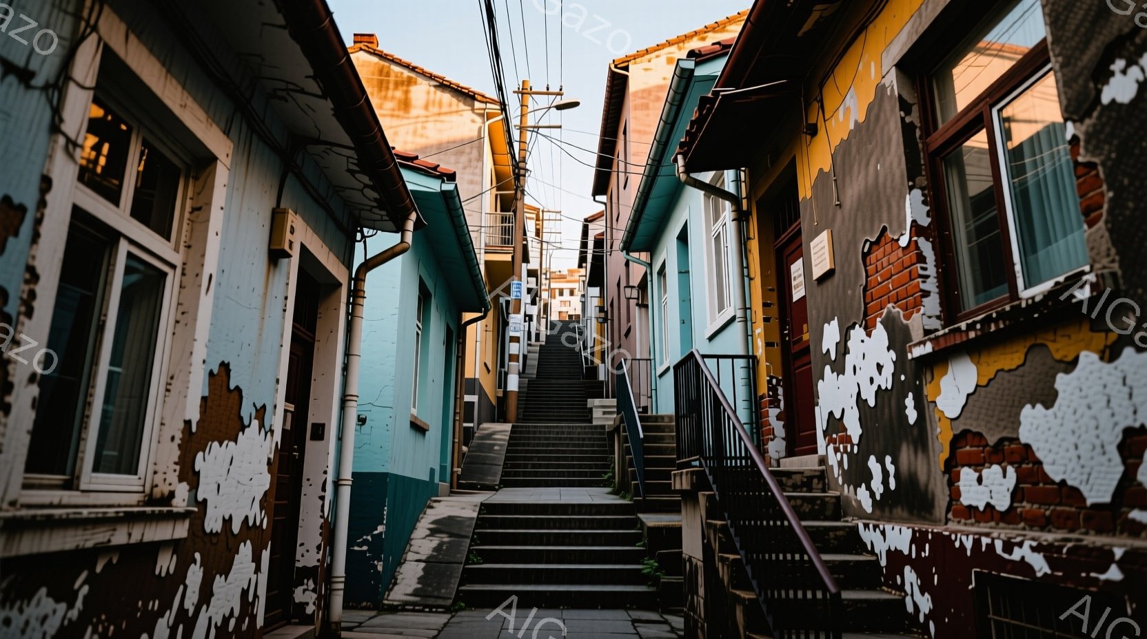 古い建物が密集した、急な階段が続く路地が写っている。建物は色あせたペイントで覆われており、時代を感じさせる。背景には、他の建物が見え、夕暮れ時の光が差し込み、ノスタルジックな雰囲気を醸し出している。