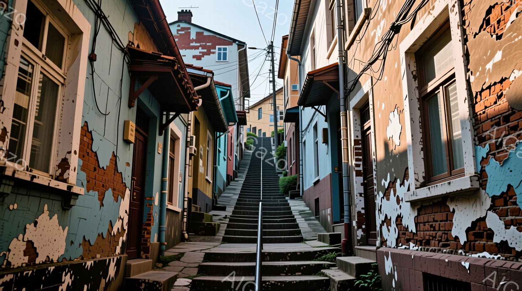 古い町並みの中、老人が手すりで登る様子。服装は平常の日常服、髪型は短くて整っている、表情は優しいように見える。背景は色鮮やかな建物と道路が交わる場所で、明るい日光が当たり、屋根の下に照らされている。全体の印象は、暖かい気温で落ち着いた雰囲気を持つ町並みとなっています。