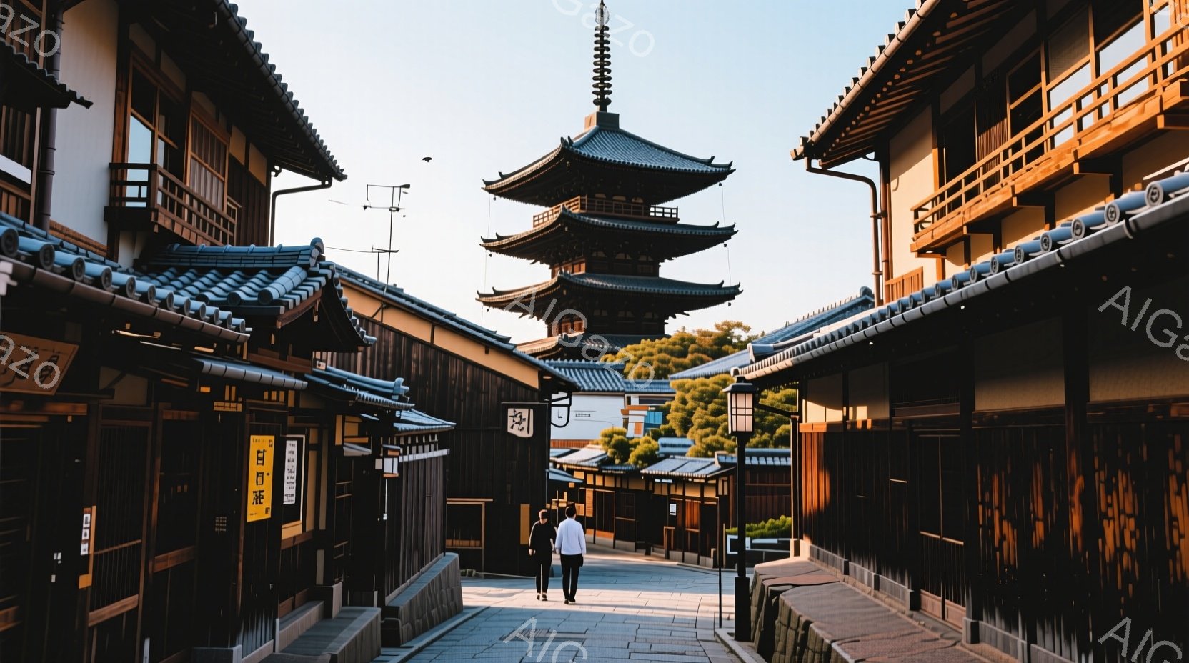 石畳の道が続く古い町並みで、二人の人物が道を歩いている。彼らはカジュアルな服装で、一人は白シャツに黒いズボン、もう一人は黒いシャツにジーンズという装いである。背景には伝統的な木造建築が立ち並び、遠くには多層の塔が見える、穏やかで歴史的な雰囲気が漂う。