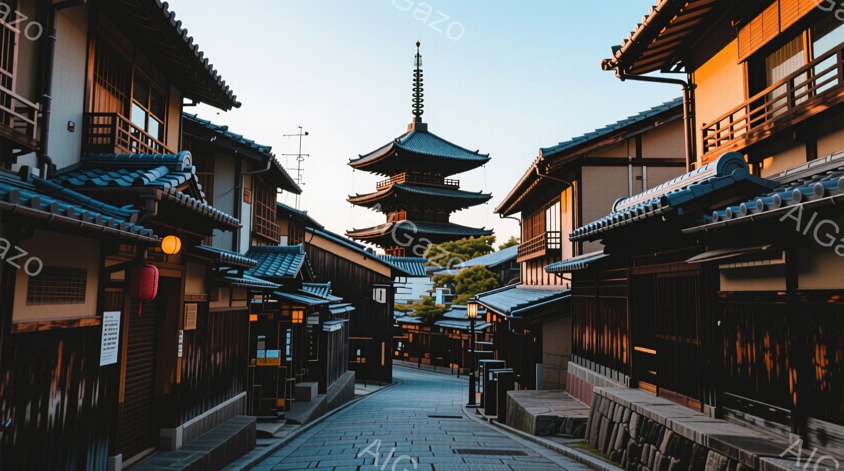 石畳の道が両側に木造家屋に挟まれ、遠くに五重塔がそびえ立っている風景です。家屋は暗色で統一感があり、所々に提灯が灯り、古都の趣を醸し出しています。空は明るい青色で、穏やかな日差しが差し込み、静かで落ち - AI生成フリー素材
