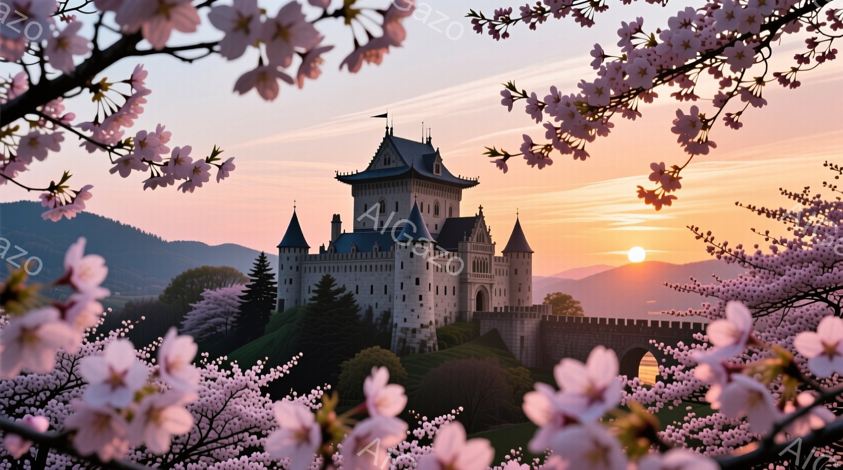 白亜の城が丘の上に堂々と建っており、夕焼け空と周囲の緑豊かな自然とのコントラストが美しい。桜の花びらが前景を彩り、春の訪れを感じさせる穏やかな雰囲気を醸し出している。空はオレンジ色とピンク色のグラデー - AI生成フリー素材