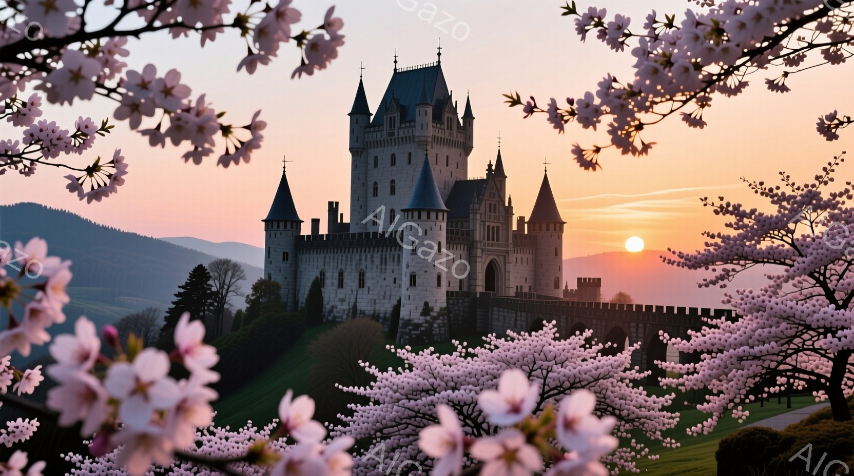 絵画のような風景の中に、白亜の古城がそびえ立っている。夕焼け空の下、城の尖塔がシルエットとなり、周囲の緑豊かな丘陵とコントラストをなしている。桜の花びらがフレームの一部となり、春の穏やかさと静寂な雰囲気を醸し出している。