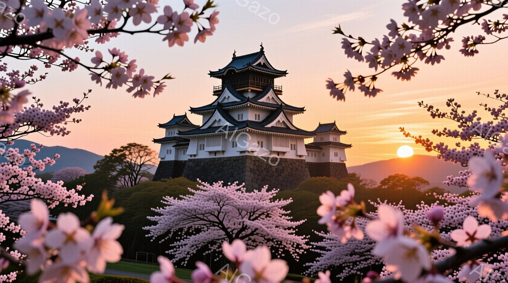 白い城が夕焼けを背景にそびえ立っており、周囲は桜の花で満ち溢れています。城は石垣の上に築かれており、その建築様式は日本の伝統的な城郭を彷彿とさせます。空はオレンジ色とピンク色のグラデーションで美しく彩 - AI生成フリー素材