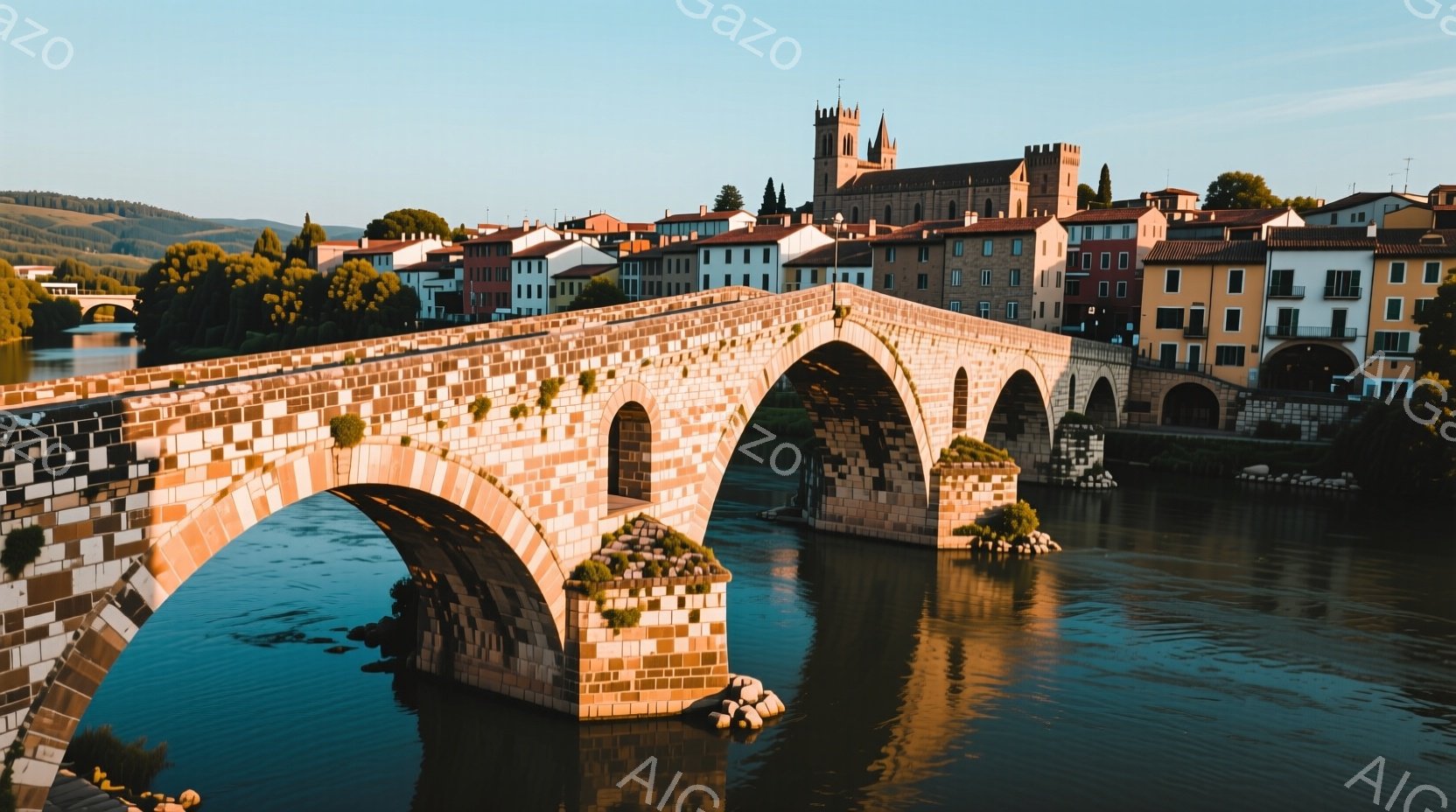 古い石造りのアーチ橋が、穏やかな川の上を優雅に架かっている。背景には、赤屋根の建物が密集し、遠くには緑の丘が見える穏やかな風景が広がっている。全体的に暖色系の色調で、静かで平和な雰囲気が漂っている。 - AI生成フリー素材